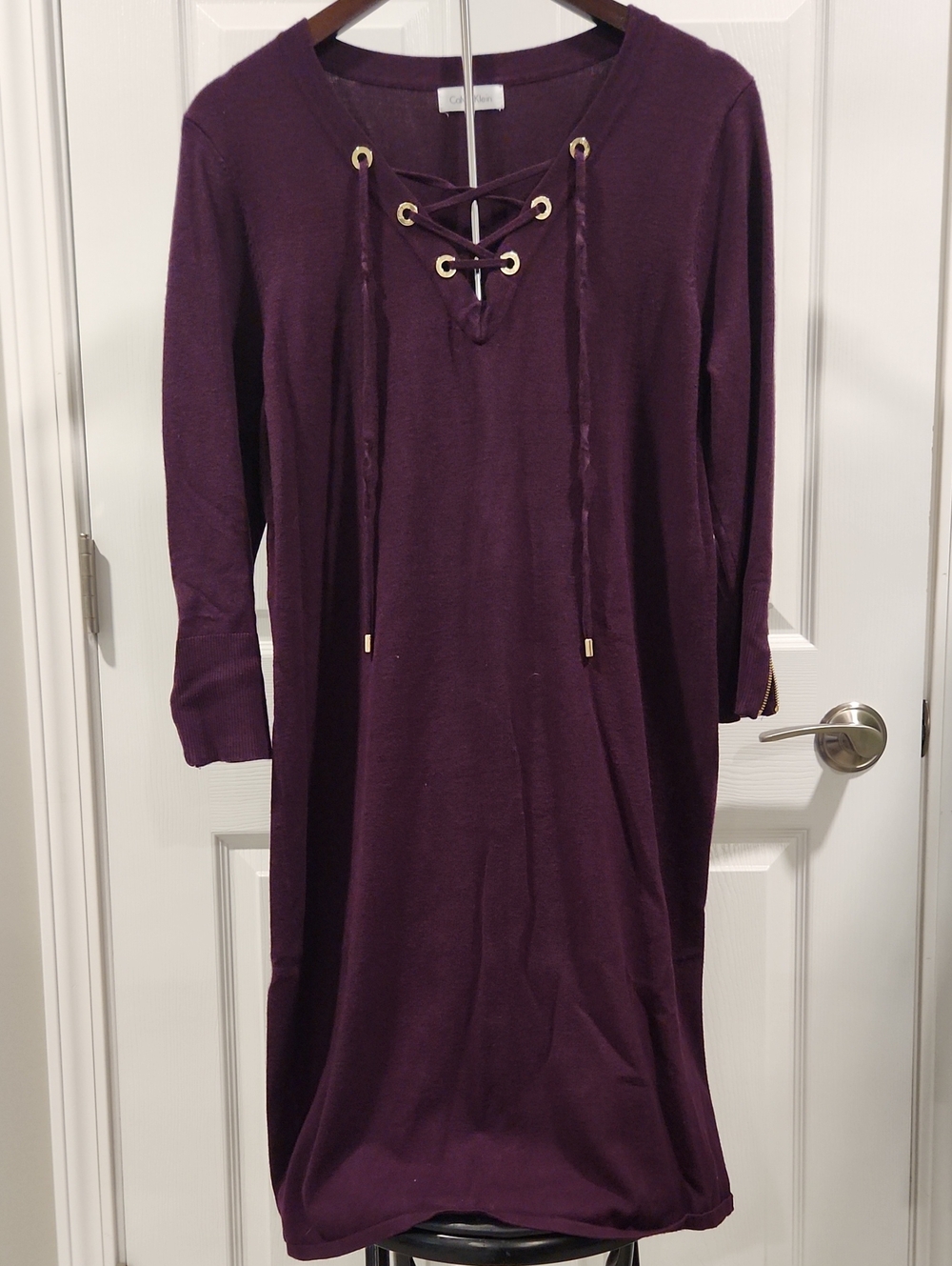 Calvin Klein Lace-Up Long Sleeve Dress in Plum